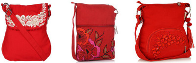 

Pick Pocket Combo of Red canvas sling bag with silver embroidery with red and pink embroidered small sling bag with red canvas sling bag School Bag(Black, 5 inch)