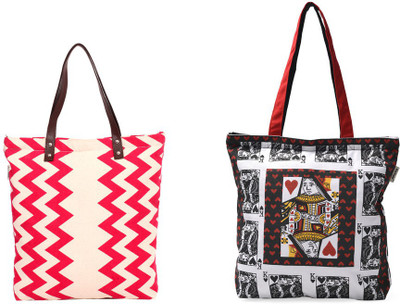 

Pick Pocket Combo of ecru and red zig zag printed canvas tote bag with black and white card printed canvas tote bag School Bag(Red, 5 inch)