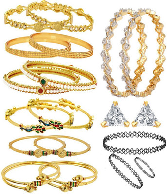 Jewels Galaxy Alloy Cubic Zirconia Copper Bangle Set(Pack of 19)