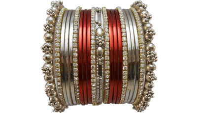 

My Design Alloy Silver Bangle Set(Pack of 21), Silver;maroon