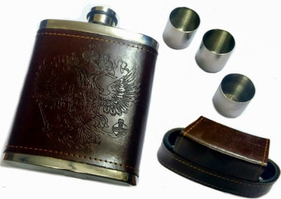 Star Magic Leatherette Hip Flask with In-built 3 Shot Glasses 4 - Piece Bar Set(Stainless Steel)