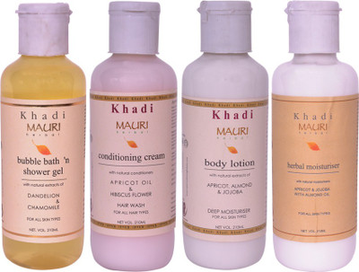

Khadi Mauri Combo Pack - Bubble Bath, Conditioning Cream Shampoo, Body Lotion & Herbal Moisturizer - Pack of 4(210 ml)