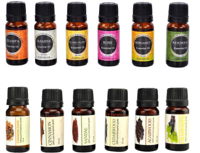 

Karmakara Pure Essential Oils Cinnamon, Cedarwood, Agerwood, Jasmine Ylang Ylang Bergamot Champa Rose Patchouli Grapeseed, Sandal, Frankincense(10 ml)