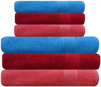 Akin Cotton Bath & Hand Towel Set(Pack of 6, Peach, Red, Blue), Blue;peach;red