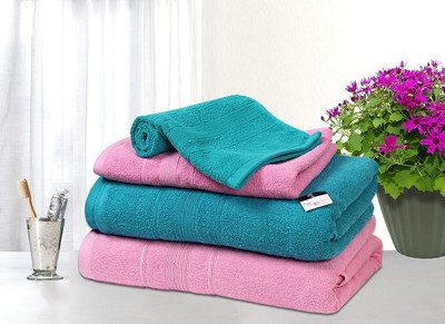 

The Intellect Bazaar Cotton 450 GSM Bath, Hand Towel Set(Pack of 4, Green, Pink)