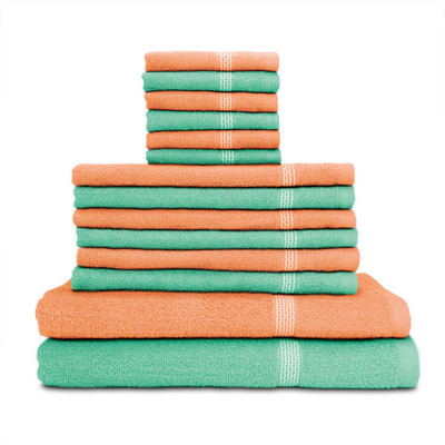 

Swiss Republic Cotton Bath, Hand & Face Towel Set(Pack of 14, Light Green, Peach), Light green;light pink