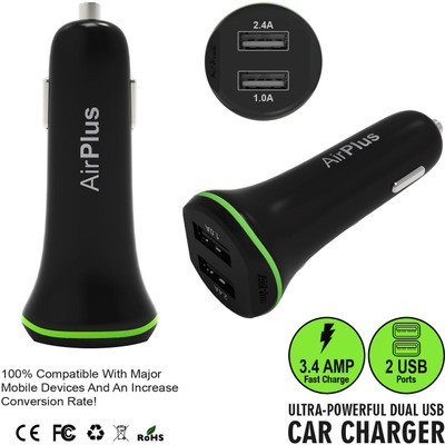 

AirPlus Universal Car Charger Adapter Dual USB 2.4A+1.0 Amp (Total 3.4A) Mobile Charger(Black)