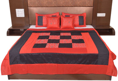 

Soundarya Silk Double Bed Cover(Red, Black), Black;red