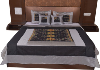 

Soundarya Silk Double Bed Cover(Silver, Black), Black;silver