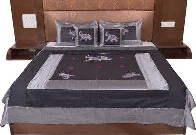 

Soundarya Silk Double Bed Cover(Silver, Black), Black;silver