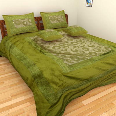

Nirmal Silk, Cotton King Bed Cover(Green, Gold, 1 Bed Cover + 2 Pillow Covers + 2 Cushion Covers), Gold;green
