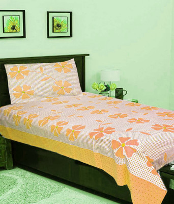

Zesture 144 TC Cotton Single Floral Bedsheet(Pack of 1, White, Orange), Orange;white