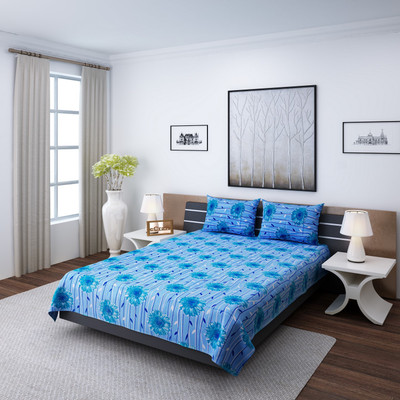 

eCraftIndia 140 TC Cotton Double Floral Bedsheet(1 Double Bedsheet + 2 Pillow Covers, Blue)