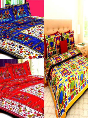 Bomaby Spreads 120 TC Cotton Double Printed Flat Bedsheet(Pack of 3, Multicolor)