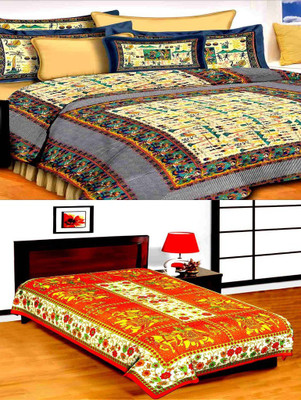 UNIQCHOICE 120 TC Cotton Double, Single Printed Flat Bedsheet(Pack of 2, Multicolor)