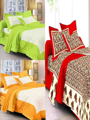 Bomaby Spreads 120 TC Cotton Double Printed Flat Bedsheet(Pack of 3, Multicolor)