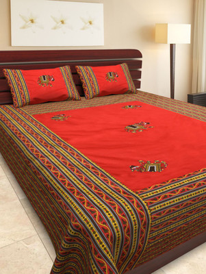 UNIQCHOICE 144 TC Cotton Double Embroidered Fitted (Elastic) Bedsheet(Pack of 1, Red)