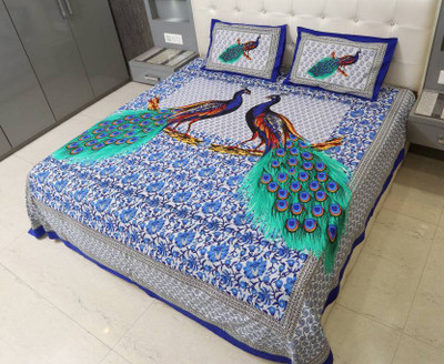 

Rajasthani Bedsheet 260 TC Cotton Double Printed Bedsheet(Pack of 1, Blue)