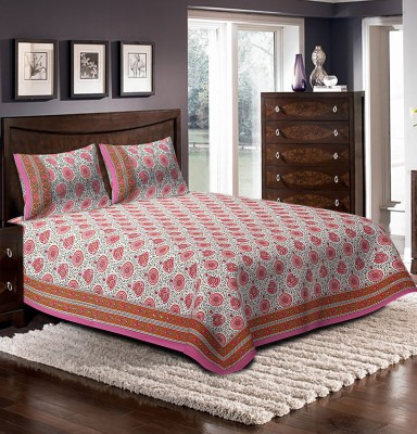 Rustic India 230 TC Cotton Double Floral Flat Bedsheet(Pack of 1, Pink, Orange)