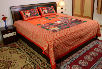 

Prabha Creation Cotton Double Printed Bedsheet(Pack of 1, Red, Orange & Green)