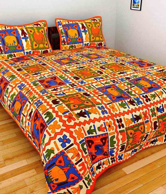 UNIQCHOICE 120 TC Cotton Double Printed Flat Bedsheet(Pack of 1, Orange)