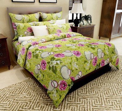72% OFF on Home Candy 144 TC Cotton Double Floral Bedsheet(1 Double Bedsheet, 2 Pillow Covers, Green)
