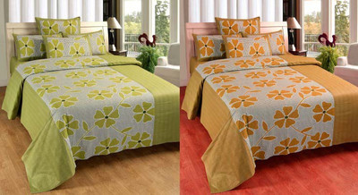 Zesture 144 TC Cotton Single Floral Bedsheet(Pack of 4, Green, Yellow)