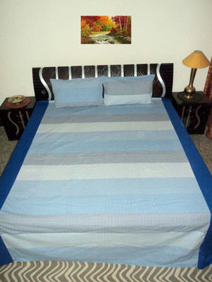 Amita Home Furnishing Cotton Double Striped Bedsheet(Pack of 1, Blue)