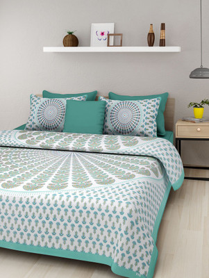 Jaipuri Print 160 TC Cotton Double Printed Flat Bedsheet(Pack of 1, Blue)