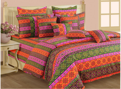 25% OFF on SWAYAM 210 TC Cotton Double Motifs Bedsheet(Pack of 1, Green, Pink, Orange)