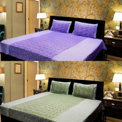 Red Hot Cotton Floral Double Bedsheet(2 Bedsheet, 4 Pillow Cover, Purple, Green)