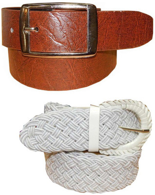 

Ansari Men Brown, White Genuine Leather, Fabric Belt