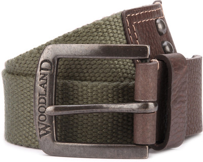 Woodland Men Green, Brown Fabric, Genuine Leather, Metal Belt, Olive