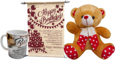 

Saugat Traders Birthday Gift Combo - Soft Teddy, Birthday Scroll Card & Coffee Mug(Set of 3)