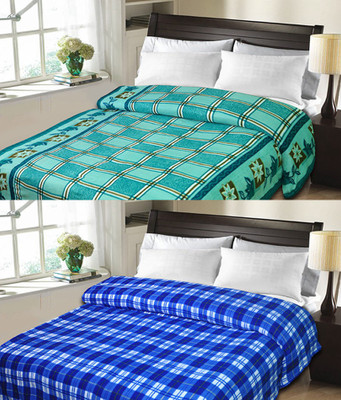 

Sanvi Traders Checkered Double Blanket(Microfiber, Blue)