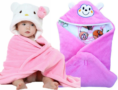 BRANDONN Cartoon Single Hooded Baby Blanket for  Mild Winter(Polyester, BABY PINK)