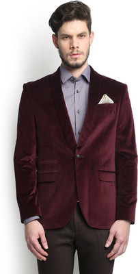 

Blackberrys Self Design Single Breasted Party Men's Blazer(Maroon, Wine