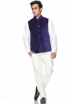 

Platinum Studio Solid Mandarin Casual, Wedding, Party, Festive Men Blazer(Dark Blue