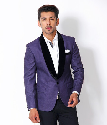 The Design Factory Solid Tuxedo Style Party Men's Blazer(Purple, Black)