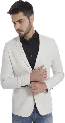 Jack & Jones Solid Single Breasted Formal Men's Blazer(White, Beige