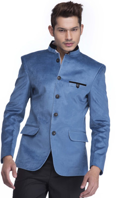 

Platinum Studio Solid Mandarin Casual, Wedding, Party, Festive Men Blazer(Blue