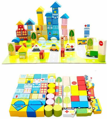 

Hum Enterprise 62 Wood City Traffic Building Blocks Bricks Wooden Construction Set With Tub(Multicolor)