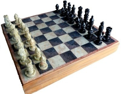 

Traditional Rajasthan Handcrafted Stone Inlaid with Stone Carved Coins, Pieces 10 inches chess Board Game