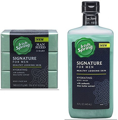Irish Spring Signature Hydrating Body Wash, 1 + Signature Hydrating Bar Soap 3 Count(177.42 ml)