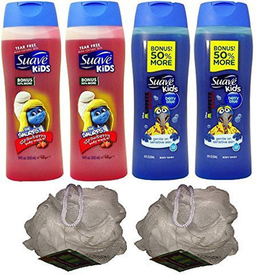 

Suave 6 Items: 2 Kids Body Wash Smurf Strawberry Scent And 2 Gonzo Berry Blue Scent And 2 White Body Sponges(532.26 ml, Pack of 4)