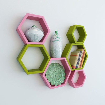 Ganeshaas Gphxd007pg Pink N Olive Green Beehive Hexagon Floating MDF Wall Shelf(Number of Shelves - 6, Pink, Green) at flipkart