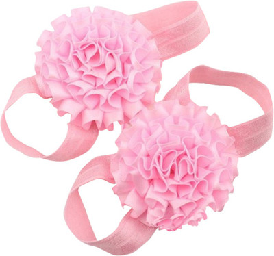 

AkinosKIDS Light Pink Newborn satin flower first walker Barefoot Sandal Booties(Toe to Heel Length - 6 cm Pink)