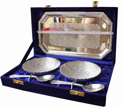 Dekor World Bowl Set Classic with spoon and Tray Brass Decorative Bowl(Silver, Pack of 5) Dekor World Bowl Set Classic with spoon and Tray Brass Decorative Bowl(Silver, Pack of 5)