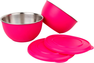 

Homeish Stainless Steel Plastic Coated Bowls with Lid Stainless Steel, Plastic Bowl Set(Pink, Pack of 2)