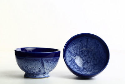

Caffeine Handmade Crackle Art Influenced Blue Pottery Cereal Serving Bowl Ceramic Bowl Set(Blue, Pack of 2)